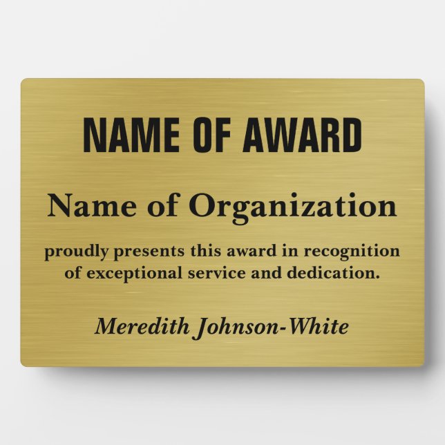 Create a Custom Volunteer Recognition Award (Gold) Plaque (Front)