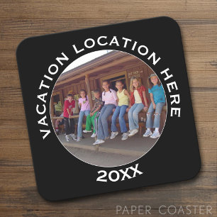 Create A Vacation Souvenir with Photo and Text Square Paper Coaster