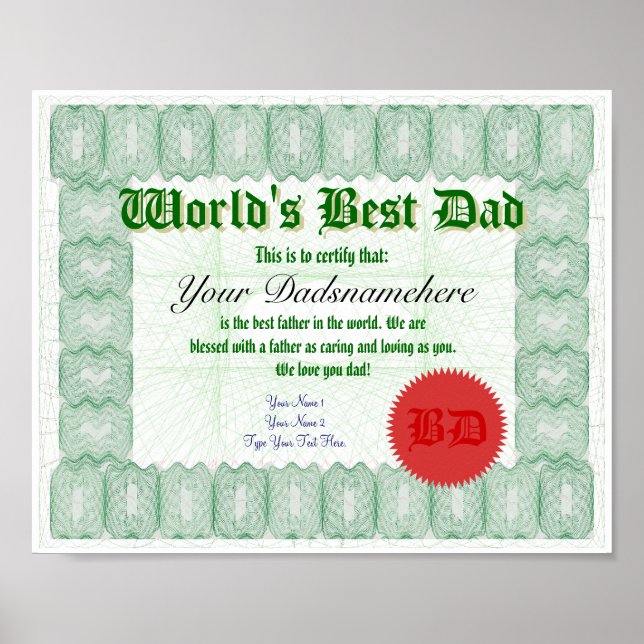 Create a World's Best Dad Certificate Poster (Front)