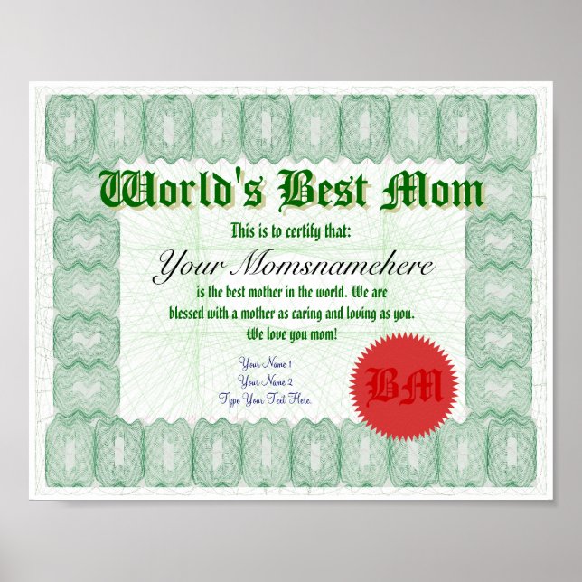 Create a World's Best Mum Certificate Poster (Front)