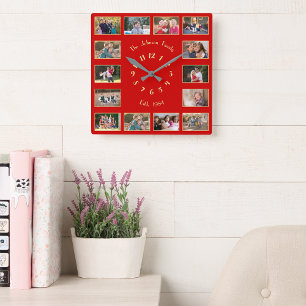 Create Custom 14 Family Photo Collage Red Gold Squ Square Wall Clock