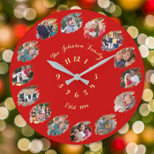 Create Custom Family Photo Collage Christmas Red Large Clock