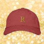Create Custom Monogram Mens Womens Red Distressed Embroidered Hat<br><div class="desc">Create your own custom, personalised, golden monogrammed, cool, stylish, embroidered, distressed, lived-in look, enzyme-washed, comfortable, kids boys girls teens mens womens unisex 100% cotton chino twill red baseball cap / hat, with your monogram on the front. Simply enter your monogram / initial, to customise. Makes a great gift for your...</div>