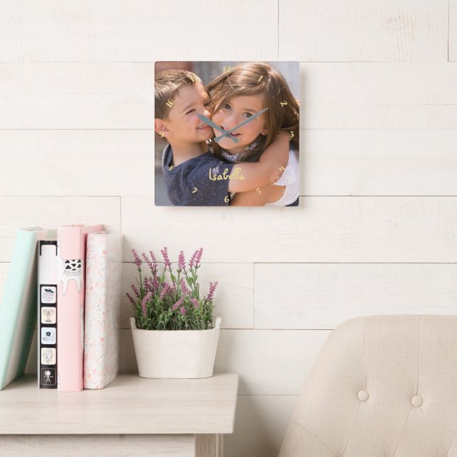 Create Custom Personalised Baby Kids Photo Name Square Wall Clock (Reading Room)