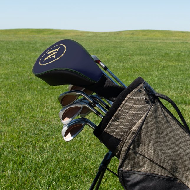 Create Custom Personalised Navy Blue Gold Monogram Golf Head Cover (In Situ)