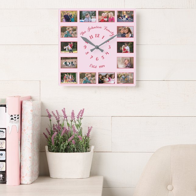 Create Custom Pink Family Couple 14 Photo Collage Square Wall Clock (Create Custom Pink Family Couple 14 Photo Collage Square Wall Clock)