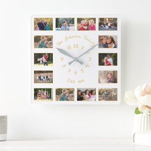 Create Custom White Faux Gold Family Photo Collage Square Wall Clock