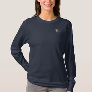 Create Custom Womens Gold Monogram Navy Blue Embroidered Long Sleeve T-Shirt