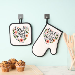 Create in Me a clean Heart floral Oven Mitt & Pot Holder Set