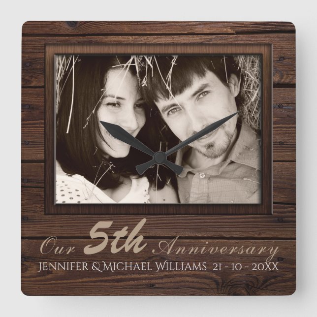 Create Own 5th Wedding Anniversary PHOTO Gift Name Square Wall Clock (Front)