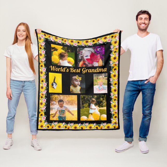 Create Own 7 Photo World's Best Grandma Floral Fleece Blanket (In Situ)