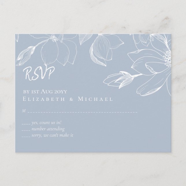 Create Own Dusty Blue White Magnolias RSVP Postcard (Front)