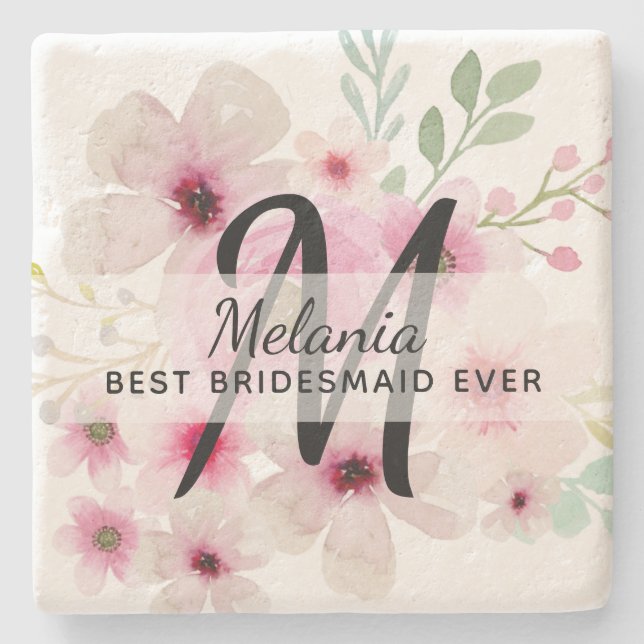 Create Own PINK BLUSH FLORAL BOHO BridalParty Gift Stone Coaster (Front)