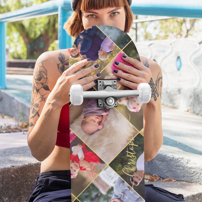 Create Personalised 5 Photo Collage Gold Monogram Skateboard (Create Personalized 5 Photo Collage Gold Monogram Skateboard)