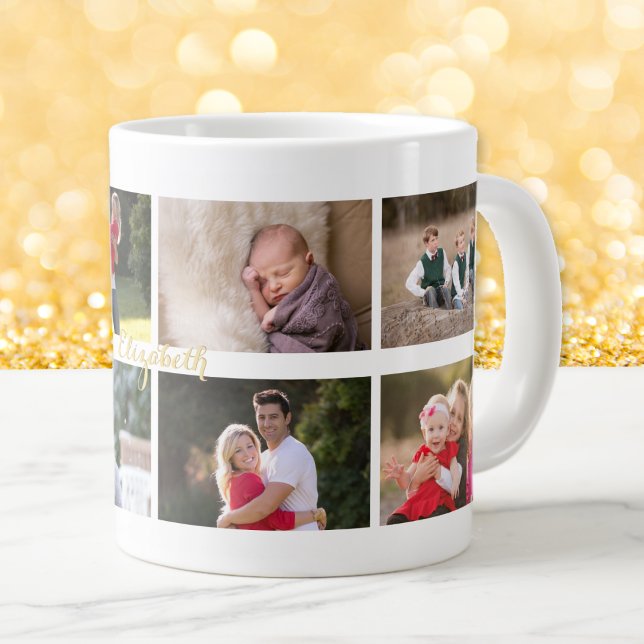 Create Personalised 8 Photo Collage Monogram Jumbo Large Coffee Mug (Create Personalized 8 Photo Collage Monogram Jumbo Giant Coffee Mug)