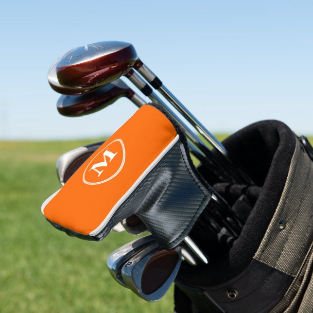 Create Personalised Orange White Monogram Putter Golf Head Cover (In Situ)