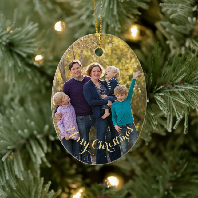 Create Personalised Photo Gold Text Oval Christmas Ceramic Tree Decoration (Tree)