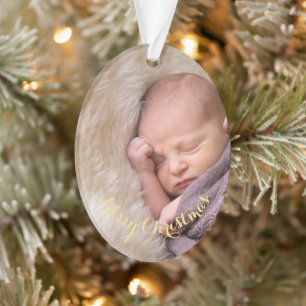 Create Personalized Oval Photo Gold Text Christmas Ornament