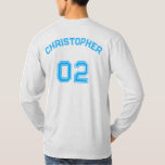 Create Player Name Jersey Number Long Sleeve Comfy T-Shirt<br><div class="desc">Create your own custom, personalised, cool stylish blue typography / font / script, monogrammed player name jersey number, comfortable, casual, durable, loose fitting, preshrunk 100% cotton, mens basic crewneck heavyweight long-sleeve t-shirt. Simply type in your name / player name and player jersey number, to customise. Makes a great gift for...</div>