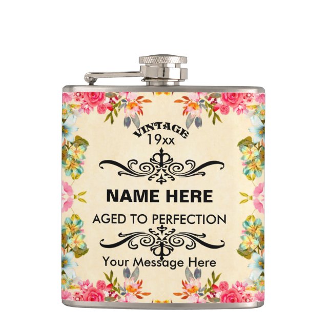 Create Vintage Floral Birthday Hip Flask (Front)