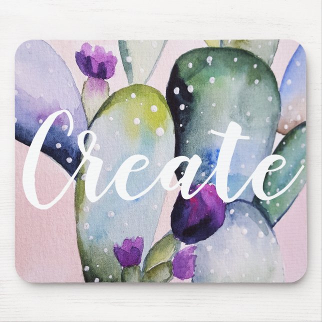 Create Watercolor Cactus & Purple Blossoms Mouse Pad (Front)