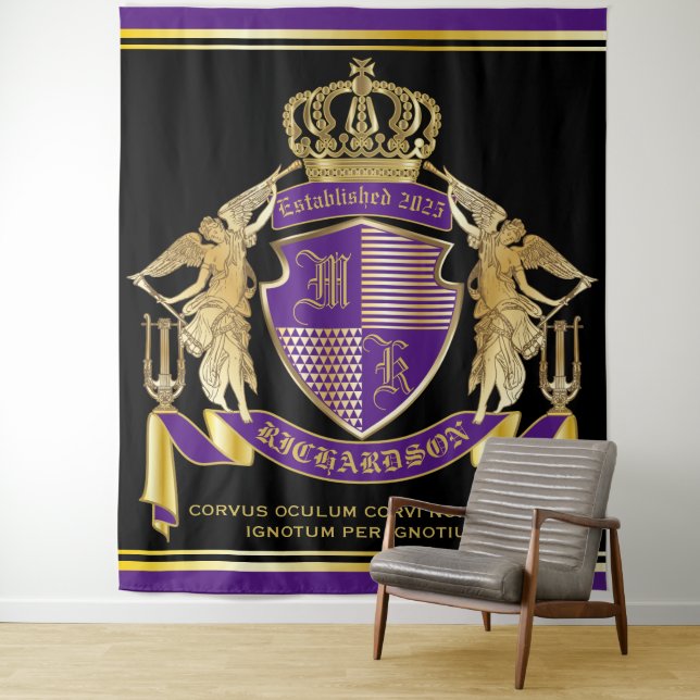 Create Your Coat of Arms Purple Gold Angel Emblem Tapestry (In Situ)