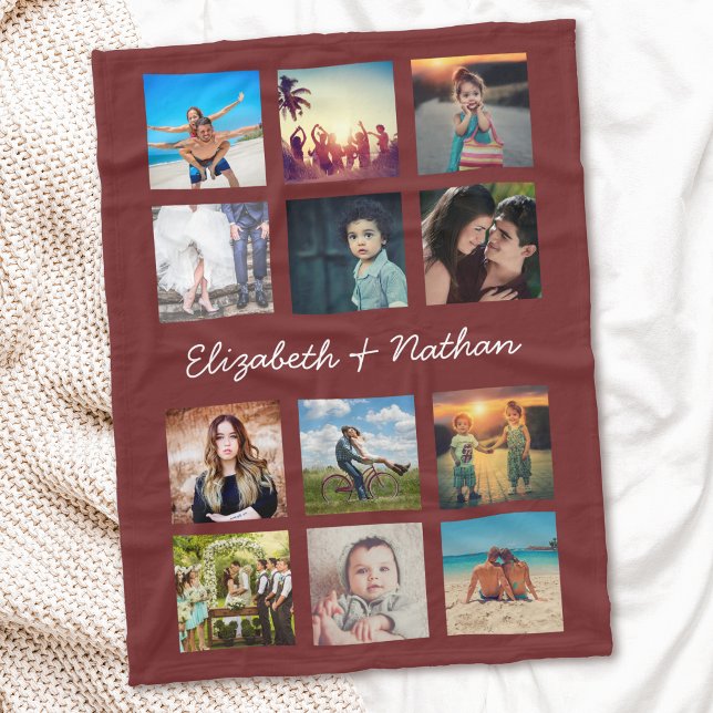 Create Your Custom 12 Photo Collage Family Friends Fleece Blanket (Creator Uploaded)