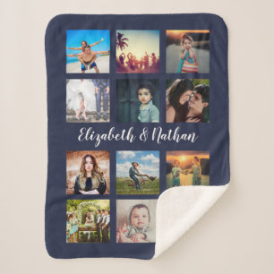 Create Your Custom 12 Photo Collage Family Navy Sherpa Blanket
