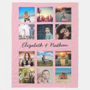 Create Your Custom 12 Photo Collage Family Pink Fleece Blanket