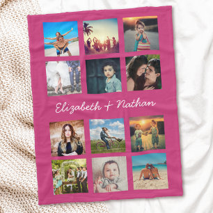 Create Your Custom 12 Photo Collage Family Pink Fleece Blanket