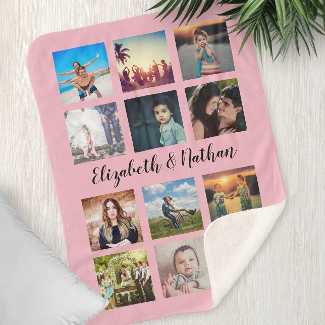 Create Your Custom 12 Photo Collage Family Pink Sherpa Blanket (Creator Uploaded)