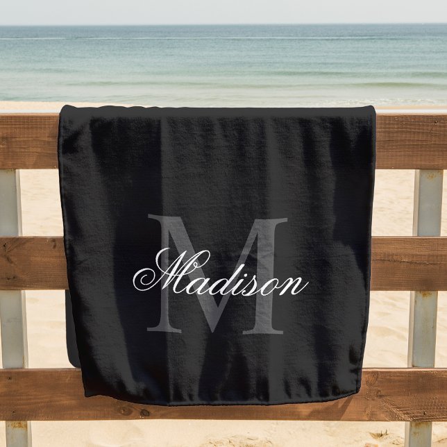 Create Your Custom Name Monogram Calligraphy Black Beach Towel (This beach towel is a stunning way to personalize your beach day. It has your name and monogram.)