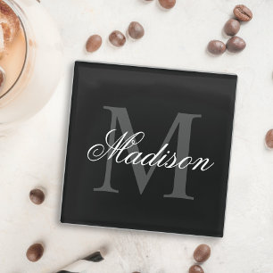 Create Your Custom Name Monogram Calligraphy Black Glass Coaster