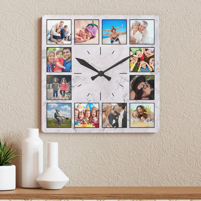 Create Your Custom Photo Collage Elegant Marble Square Wall Clock (Creator Uploaded)