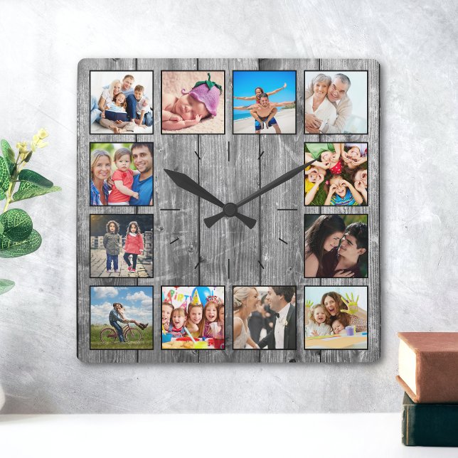 Create Your Custom Photo Collage Rustic Farmhouse Square Wall Clock (Creator Uploaded)