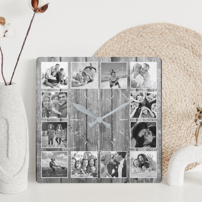 Create Your Custom Photo Collage Rustic Farmhouse Square Wall Clock (Creator Uploaded)