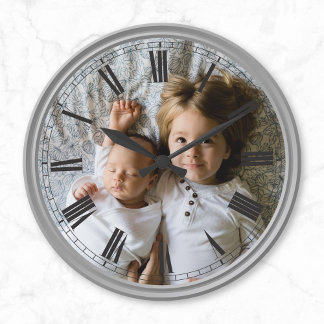 Create Your Custom Photo Grey Classy Elegant Round Clock