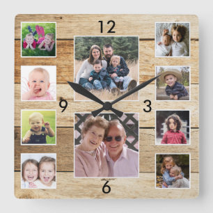 Create Your Own 10 Photo Collage Natural Wood Square Wall Clock