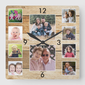 Create Your Own 10 Photo Collage Natural Wood Square Wall Clock