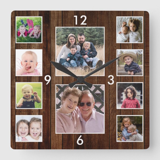 Create Your Own 10 Photo Collage Pallet Wood Square Wall Clock (Front)