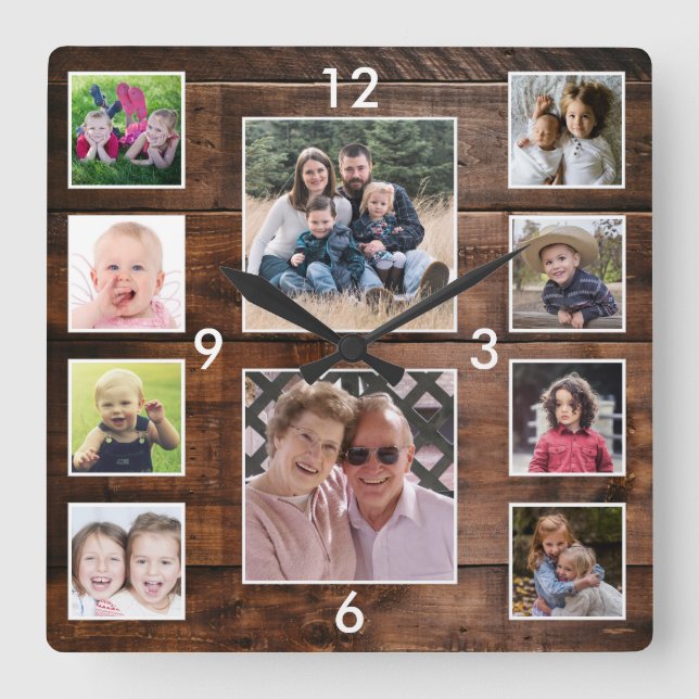 Create Your Own 10 Photo Collage Reclaimed Wood Square Wall Clock (Front)