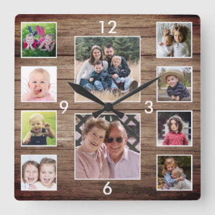 Create Your Own 10 Photo Collage Rustic Wood Square Wall Clock