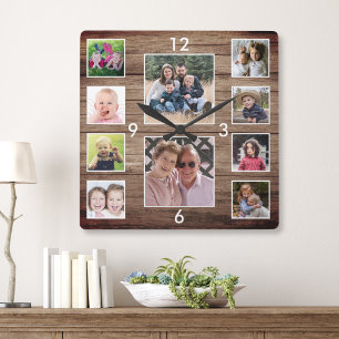 Create Your Own 10 Photo Collage Rustic Wood Square Wall Clock