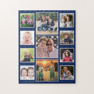 Create Your Own 11 Family Photo Collage Blue Jigsaw Puzzle