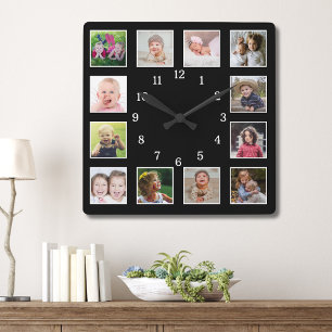 Create Your Own 12 Family Kids Photo Collage Black Square Wall Clock