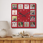 Create Your Own 12 Family Kids Photo Collage Red Square Wall Clock<br><div class="desc">Create your own photo collage wall clock with 12 of your favourite pictures. The photo frame clock helps you treasure your special moments and also makes a thoughtful gift for parents, grandparents and friends. The personalised family clock makes it a perfect keepsake gift for all occasions.</div>