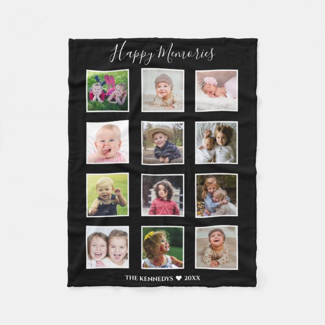 Create Your Own 12 Family Photo Collage Black Fleece Blanket (Front)