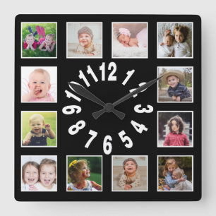 Create Your Own 12 Family Photo Collage Black Square Wall Clock