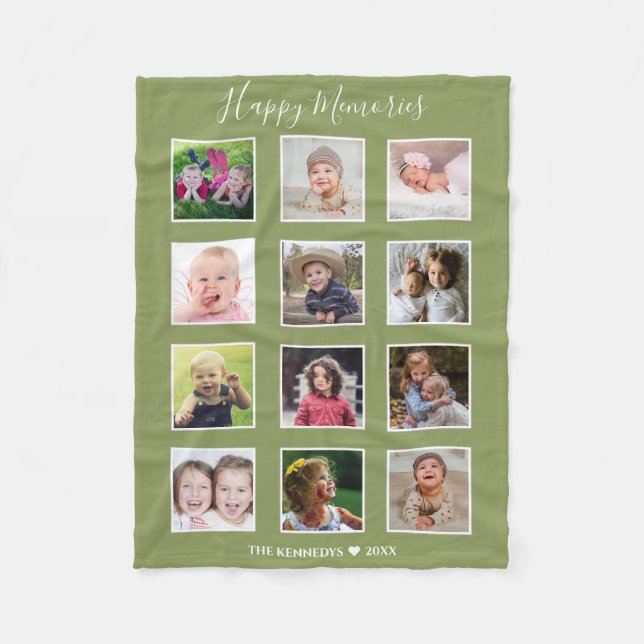Create Your Own 12 Family Photo Collage Green   Fleece Blanket (Front)