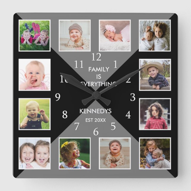Create Your Own 12 Family Photo Collage Grey Black Square Wall Clock (Front)